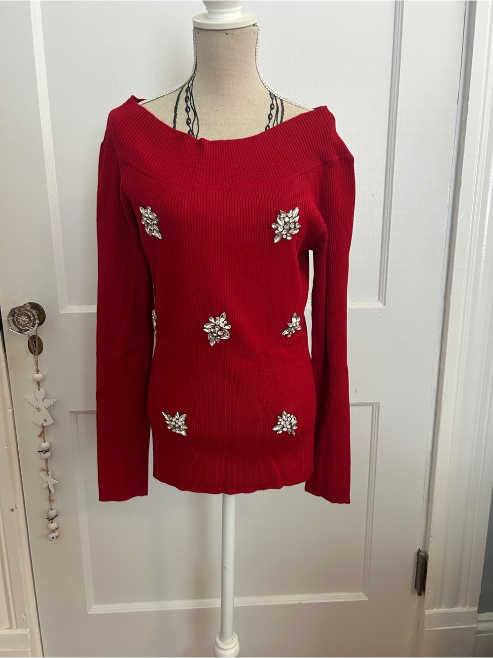 Red Embellished Women's Off-Shoulder Sweater